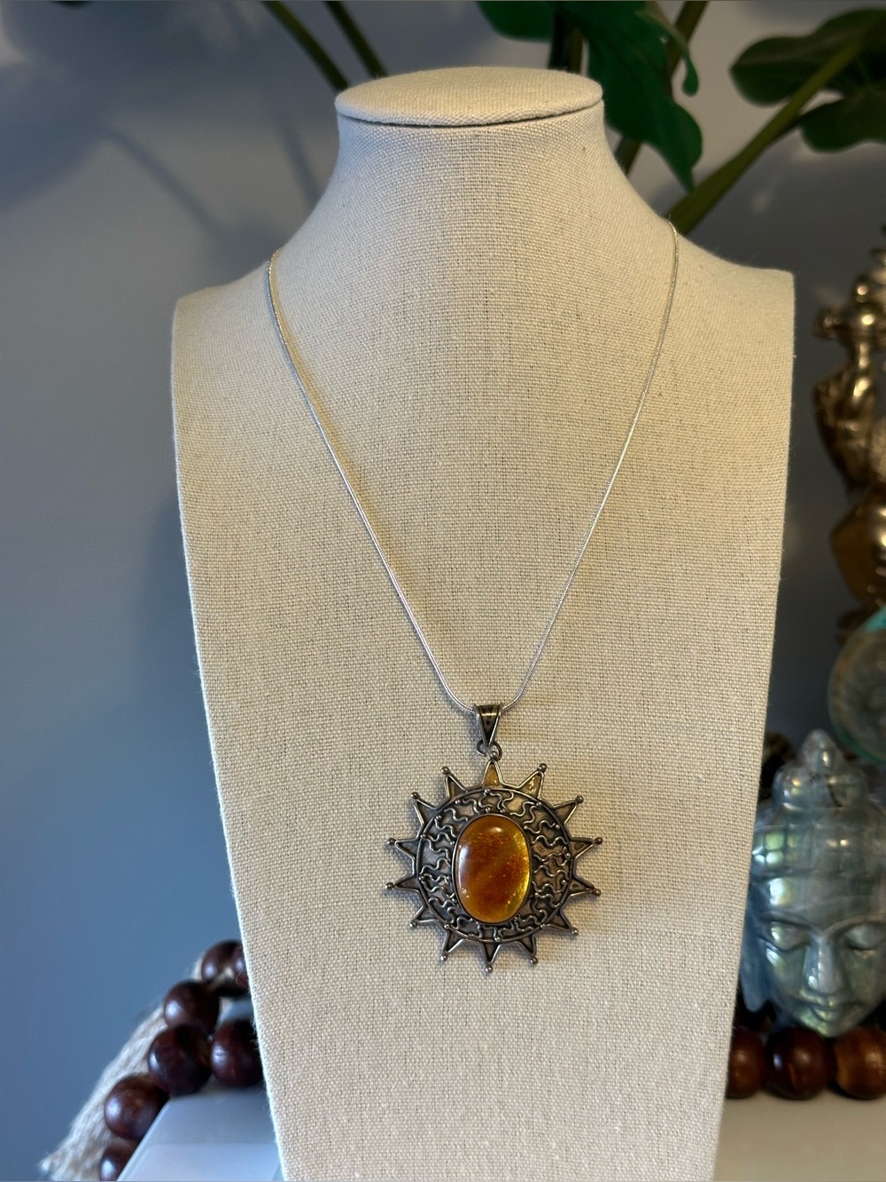 Large Vintage Amber Sunburst Pendant, Sterling Silver, Tribal, Ethnic, Hippie